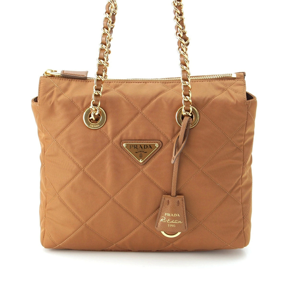 Prada Re Triangle Quilted Chain Tote Bag Brown